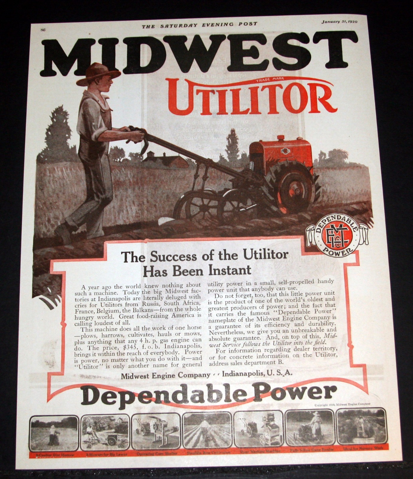 1920 OLD MAGAZINE PRINT AD, MIDWEST UTILITOR, THE SUCCESS HAS BEEN INSTANT, ART!