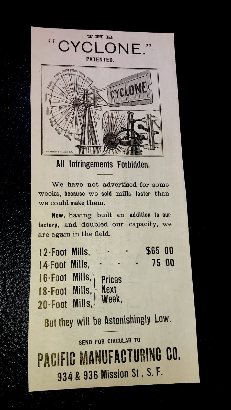 1886 Cyclone Windmill Farm Advertising – San Francisco – California 9”