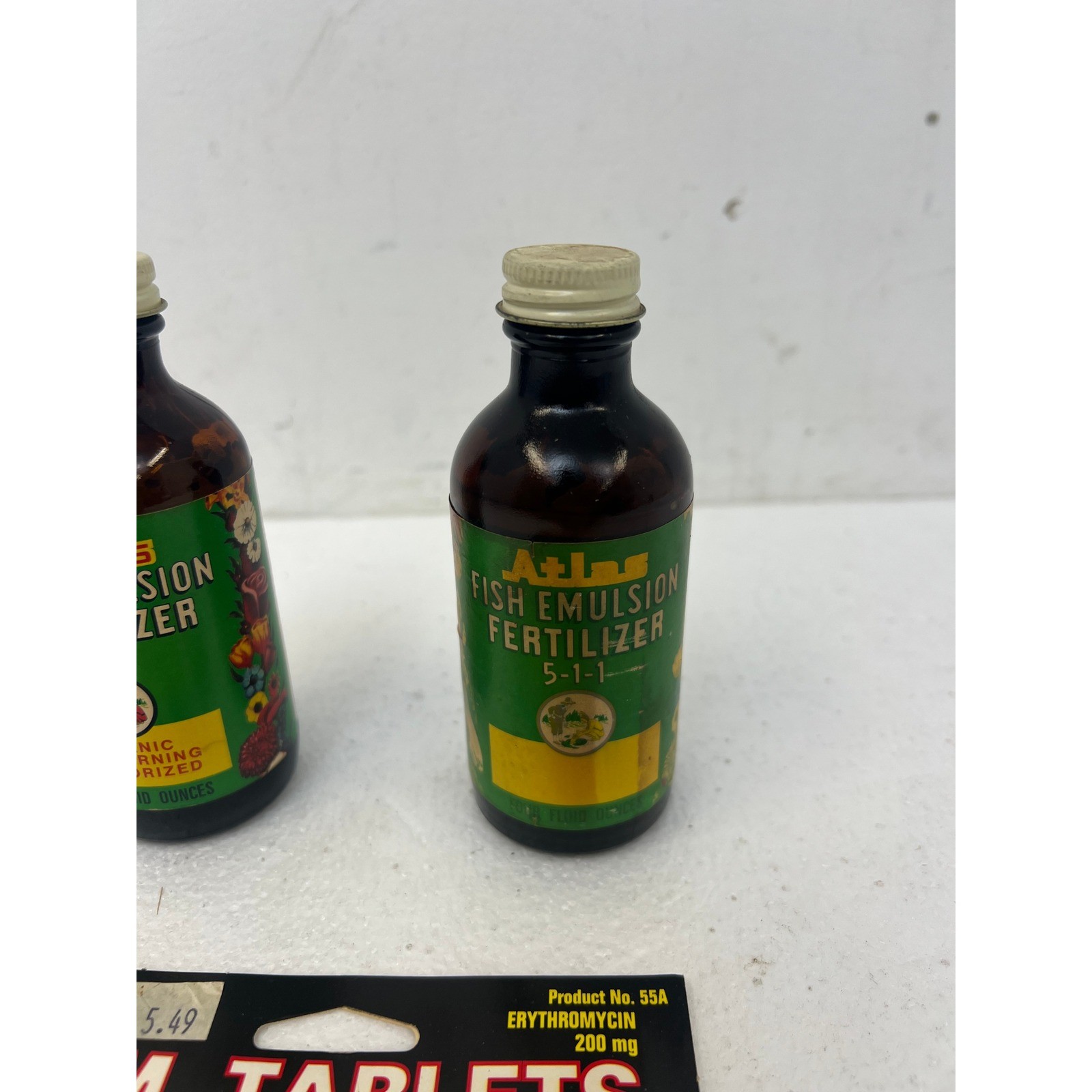 Vintage Atlas Fish Emulsion Fertilizer Bottles & Tablets Pet Supply Aquarium Lot