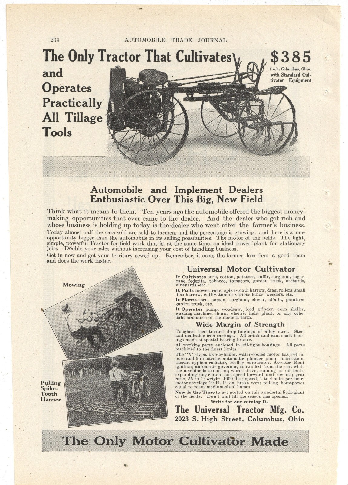 1915 Universal Tractor Mfg. Co. Ad: w/ Cultivator – Columbus, OhiO