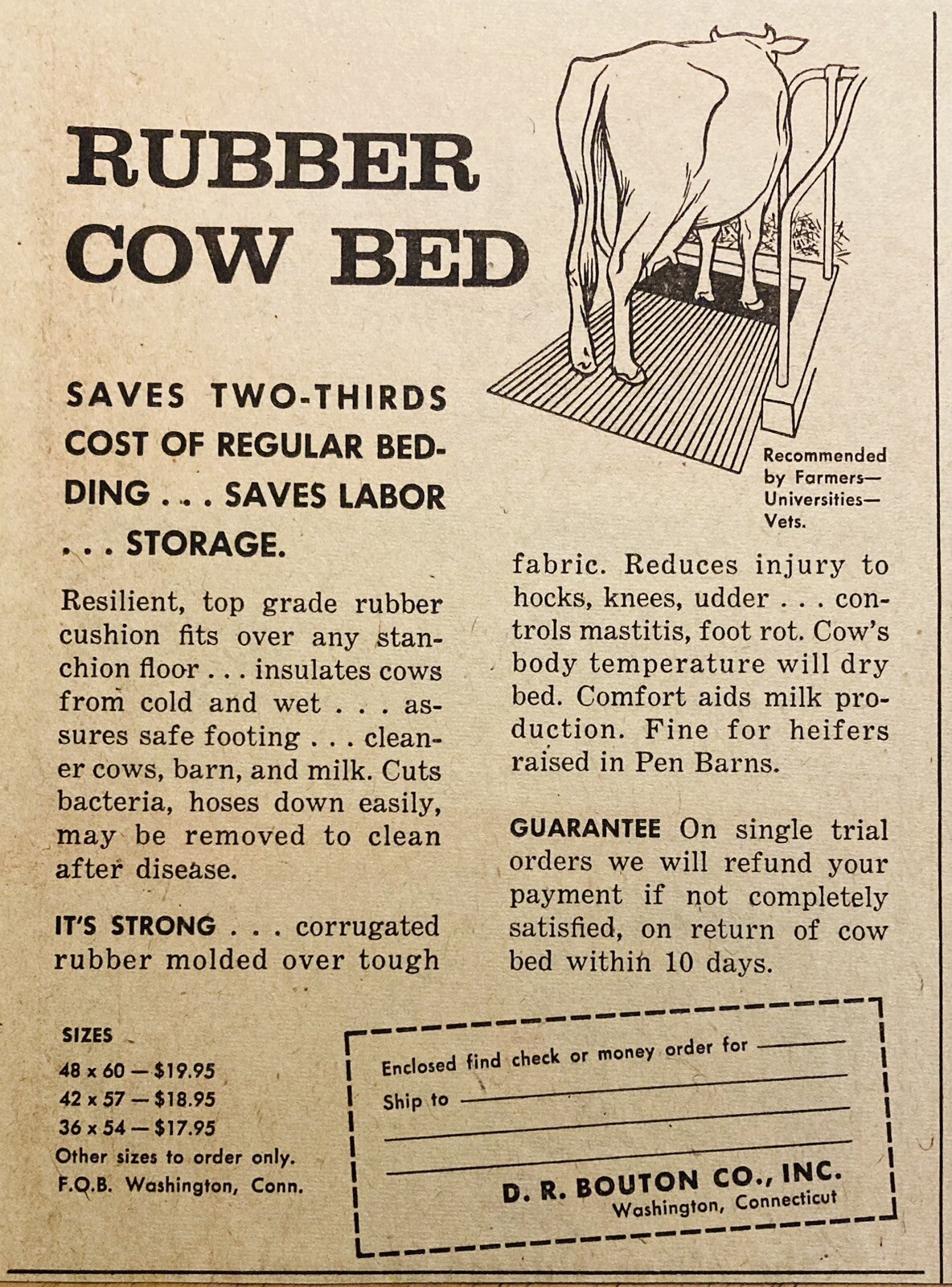 1956 AD.(XH80)~D.R. BOUTON CO. WASHINGTON, CONN. RUBBER COW BED