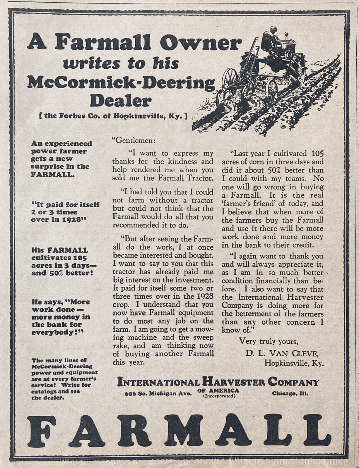 1928 AD.(XH40)~INTERNATIONAL HARVESTER FARMALL TESTIMONIAL TO LOCAL DEALER
