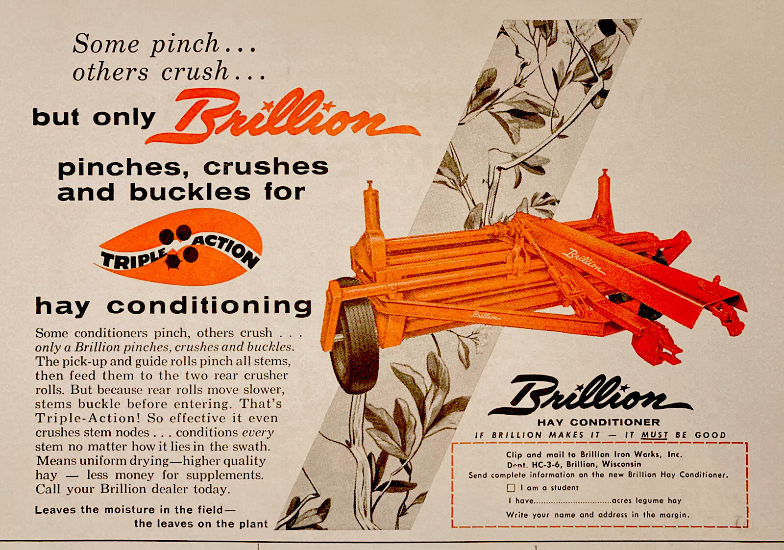1958 AD.(XH54)~BRILLION IRON WORKS, BRILLION, WIS. TRIPLE ACTION HAY CONDITIONER