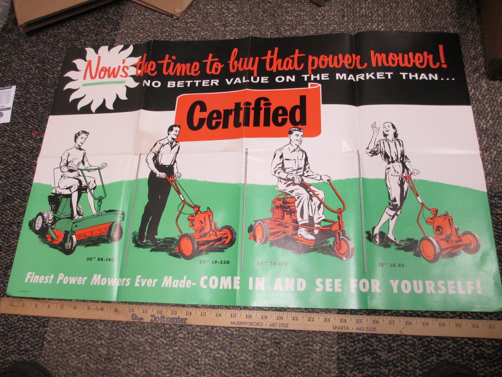 Certified Power LAWN MOWER 1956 push riding dealer store display poster WOMEN