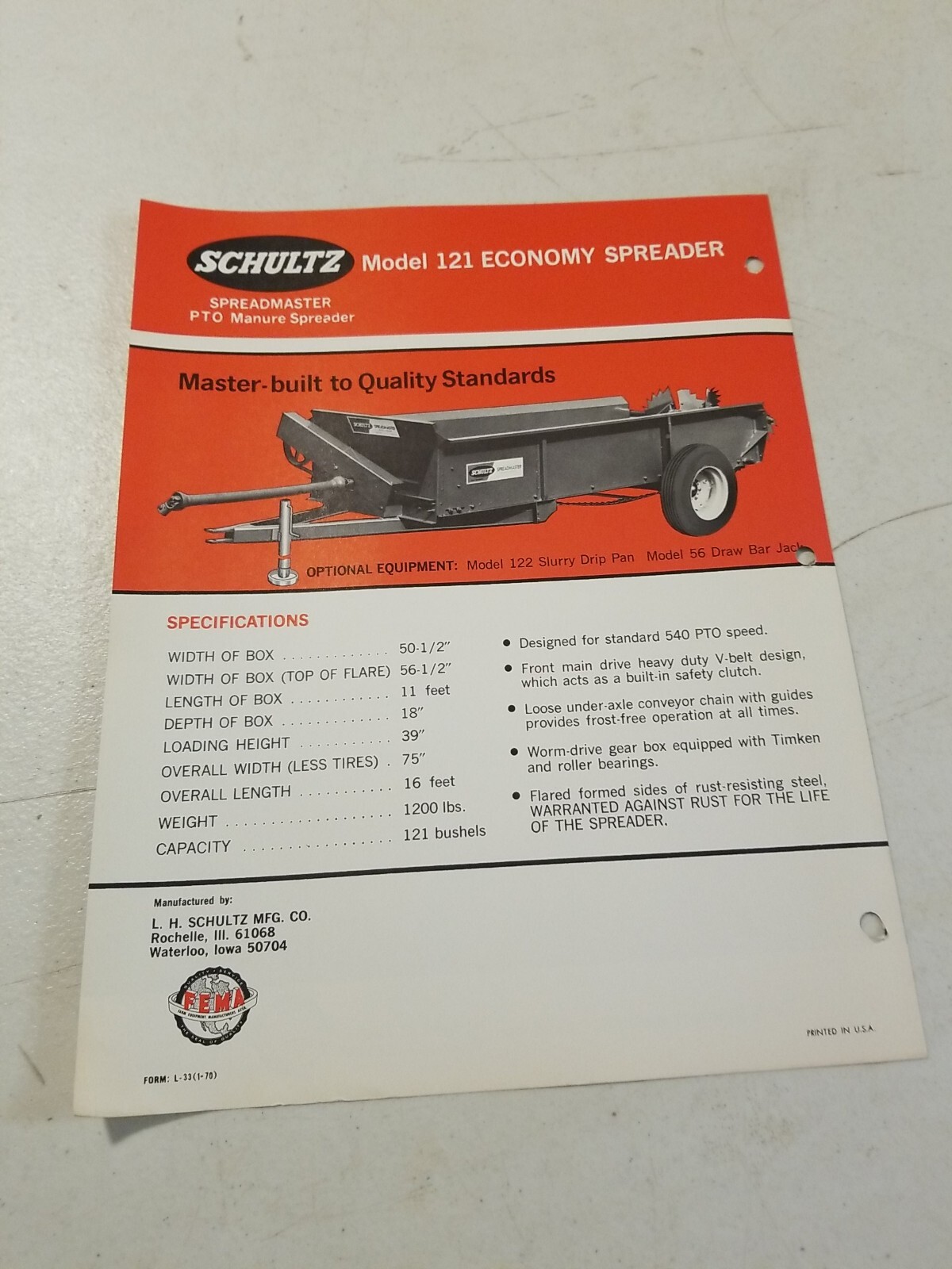 Vintage 1970 L.H. SCHULTZ Mfg Co GENERAL MANURE SPREADER Model 121 Spec Sheet