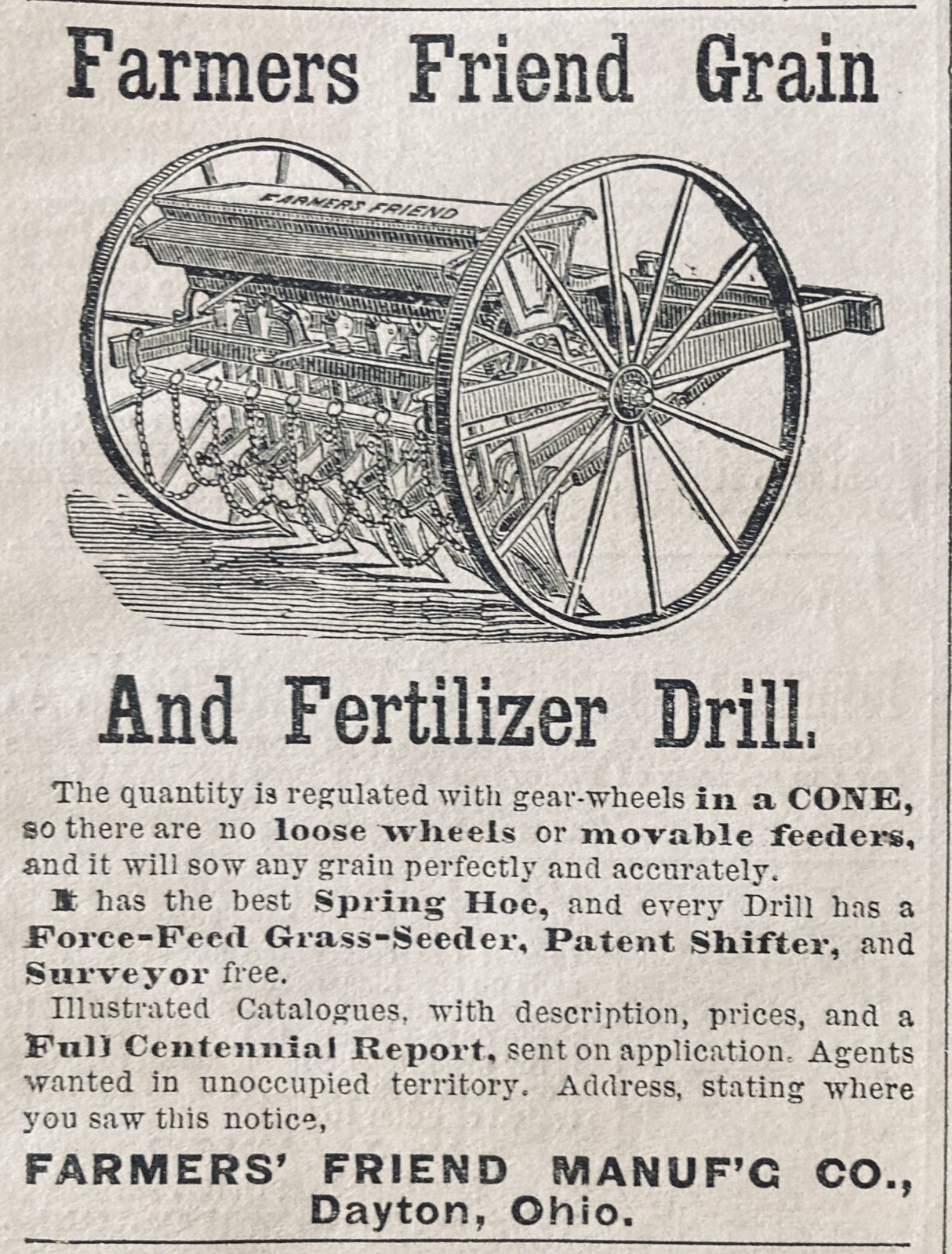 1878 AD.(XH64)~FARMERS’ FRIEND MFG. CO. DAYTON, OHIO. GRAIN & FERTILIZER DRILL