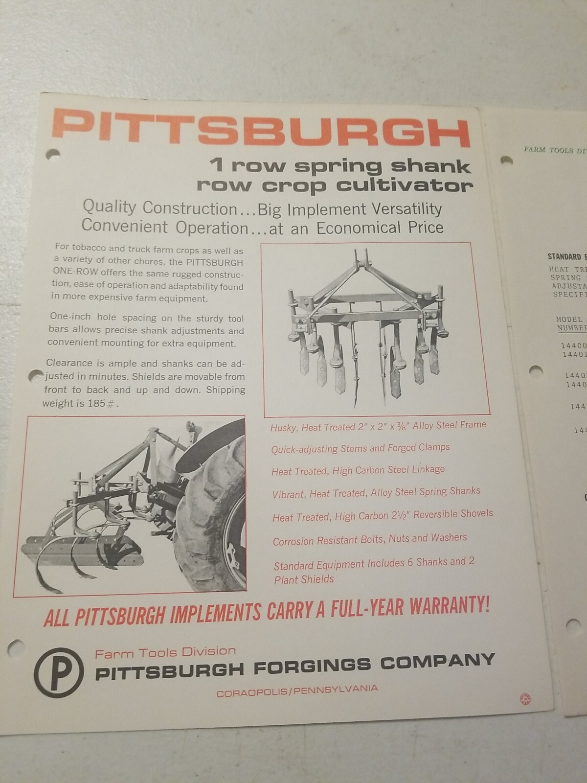 1970 PITTSBURGH FORGINGS CO. 1 ROW SPRING SHANK CULTIVATOR BROCHURE &PRICE LIST