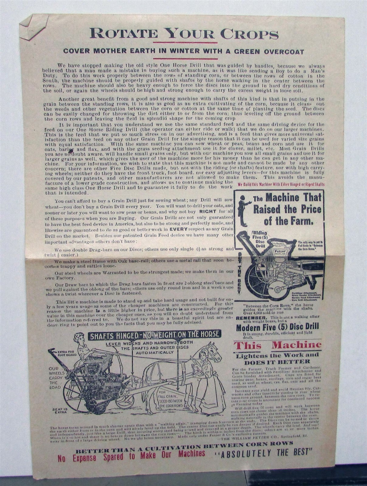 1911 Fetzer Grain Drill Specifications Construction Sale Brochure