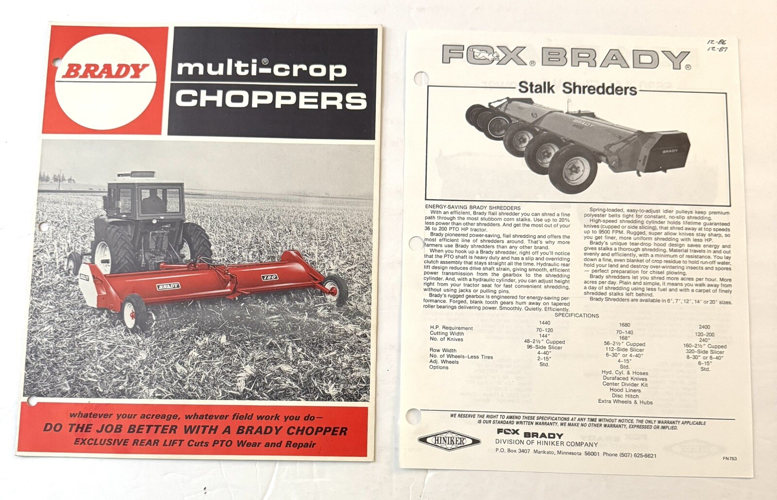 Vintage 1987 Farm Equipment Fox Brady Multi Crop Choppers Dealer Sales Brochures
