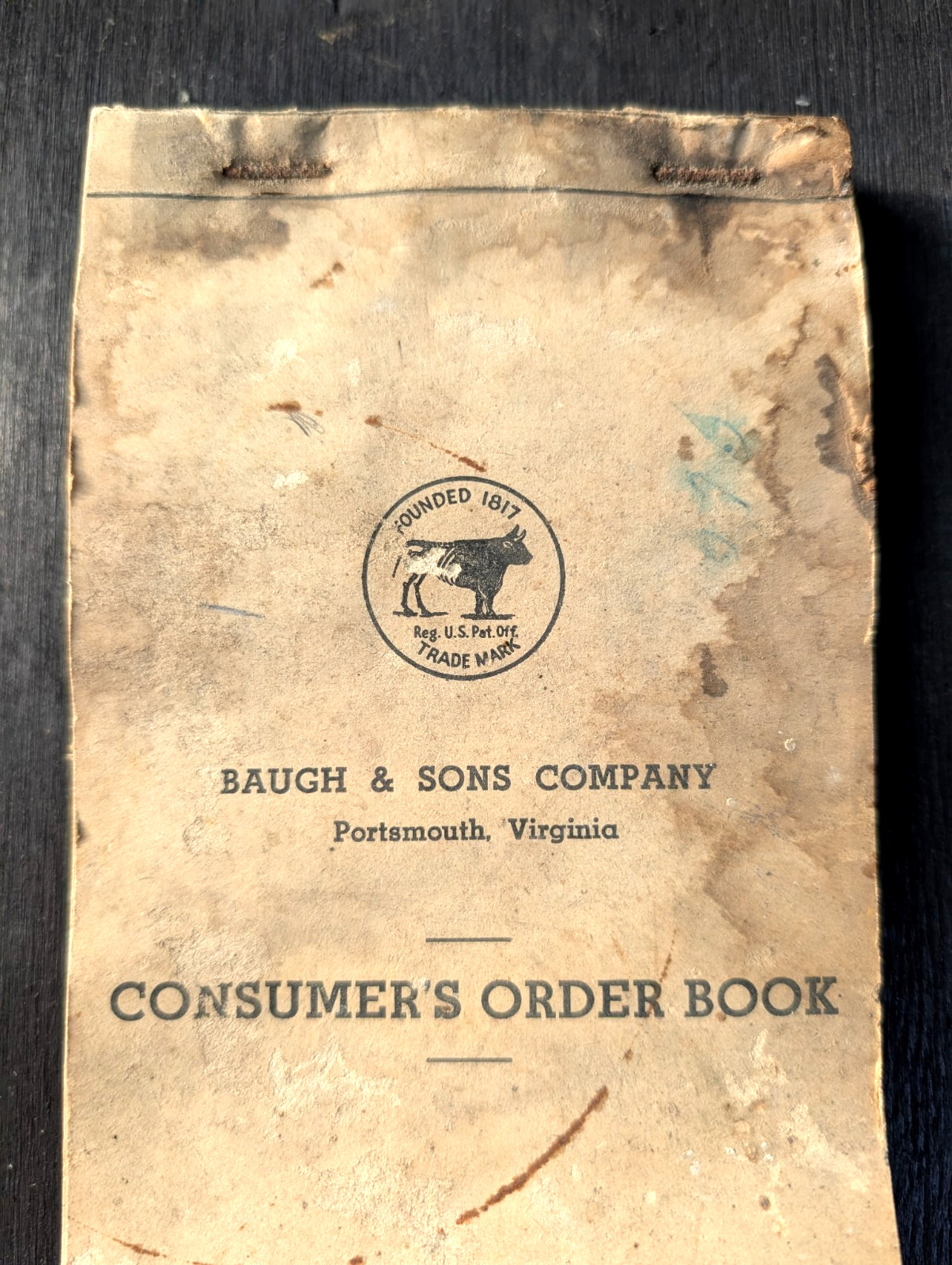 BAUGH & SONS COMPANY Portsmouth Virginia Vintage Old Sales Consumer&rsquo;s Order Book