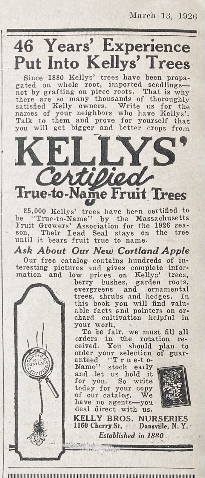 1926 AD.(XG23)~KELLY BROS. NURSERIES, DANSVILLE, NY. CERTIFIED FRUIT TREES
