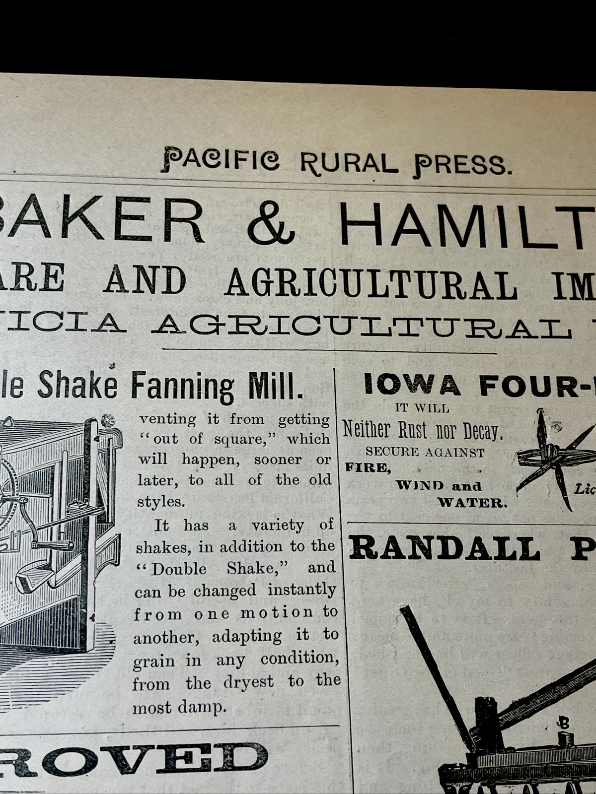 1883 Farm Advertising Engravings – Iowa Barb Wire – Randall Harrow – California