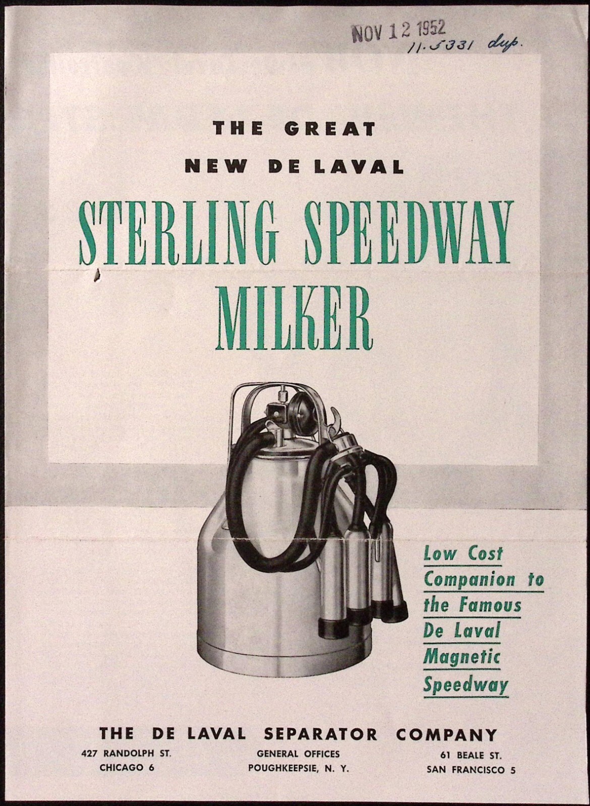 1952 New Sterling Speedway Milker De Laval Separator Company Brochure