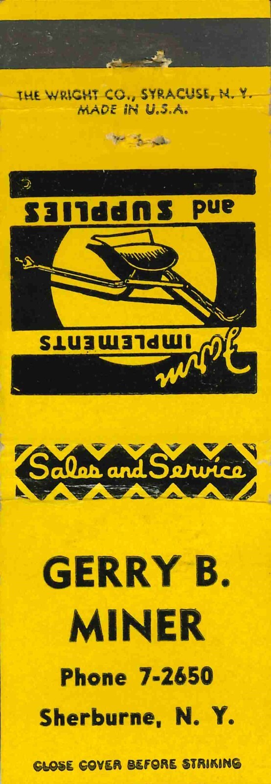 Matchbook Cover Gerry B Miner Farm Implements Sherburne New York