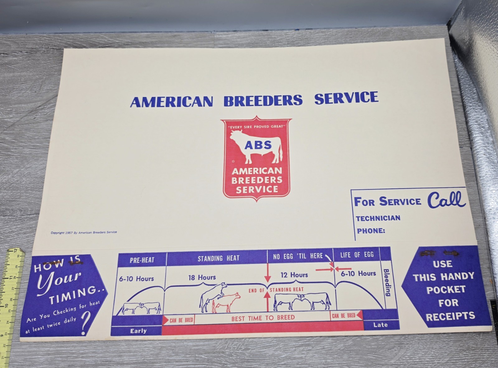 Rare 1957 American Breeders Service Folder Cow Breeding Schedule NOS Advert