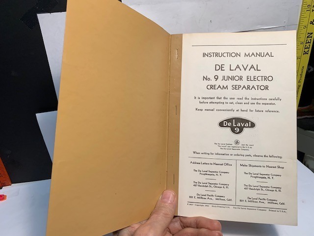 « NICE » 1956 INSTRUCTION MANUAL DE LAVAL No. 9 JUNIOR ELECTRO CREAM SEPARATOR
