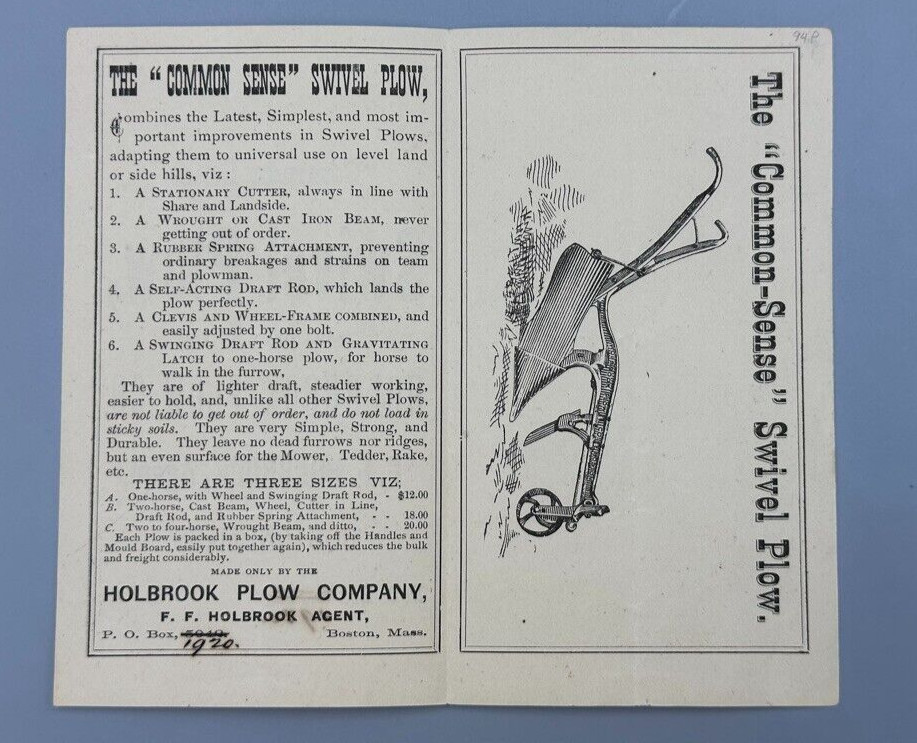 c 1900 F F HOLBROOK PLOW Common Sense Swivel Plow FARM Advertise BOSTON Brochure