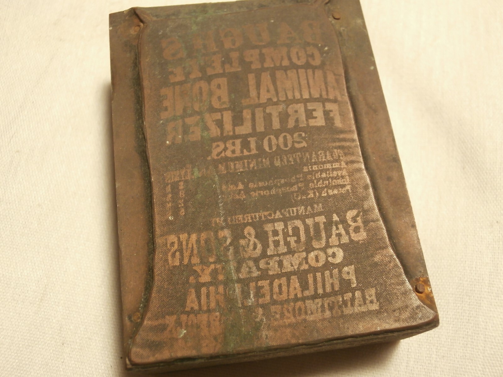 Antique Printers Printing Block Baughs & Sons Co Complete Animal Fertilizer Bag