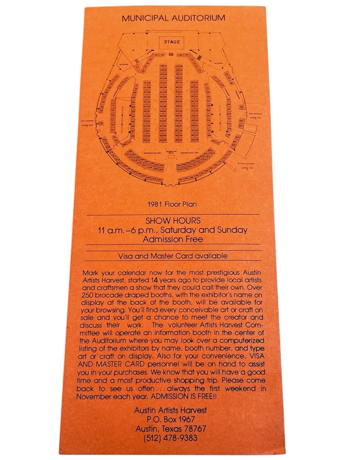 Artists Harvest 1981 Austin Texas Orange Brochure Flyer Advertising