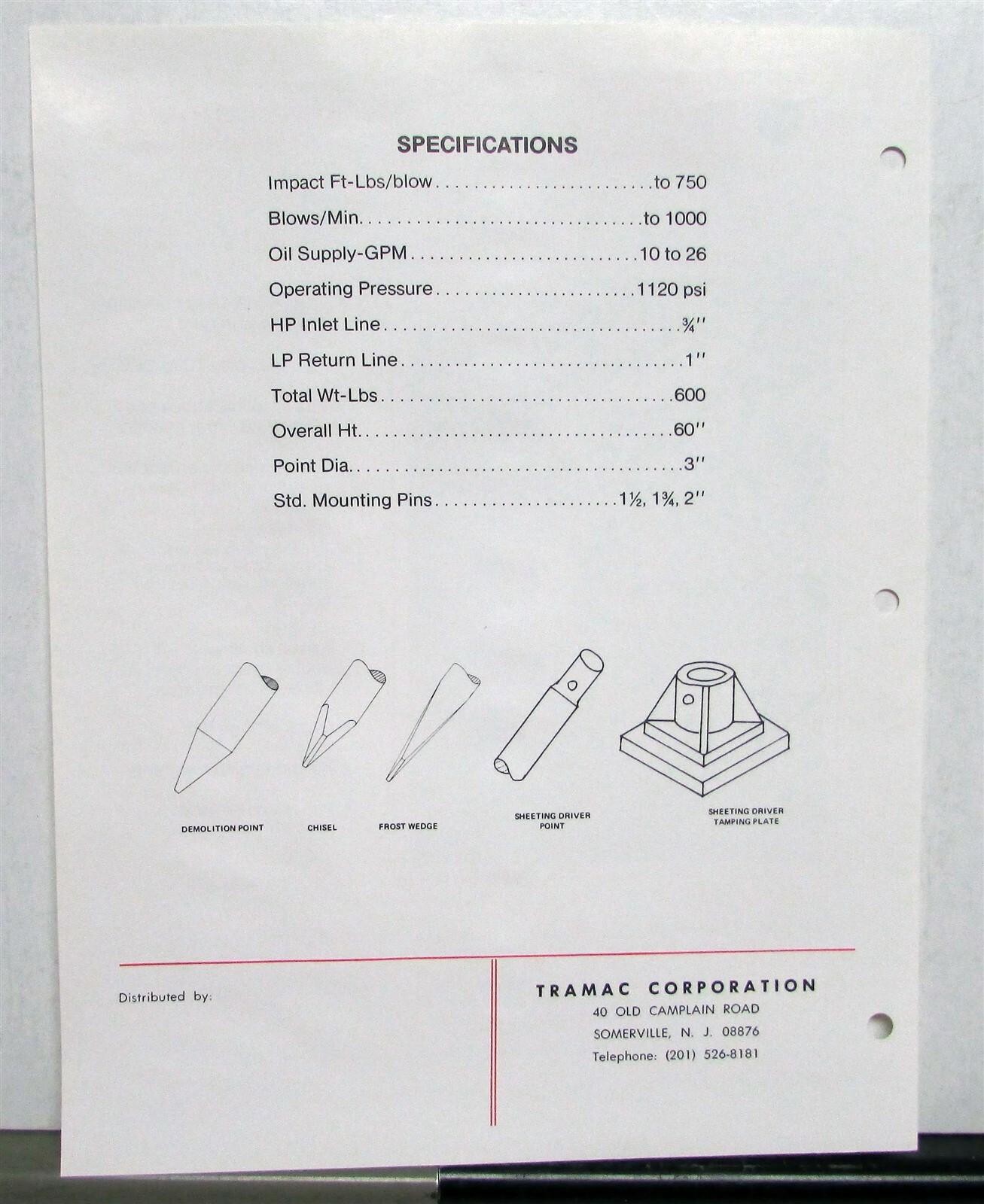 1970s Tramac Happy Hammers BRH-125 Construction Sales Data Sheet
