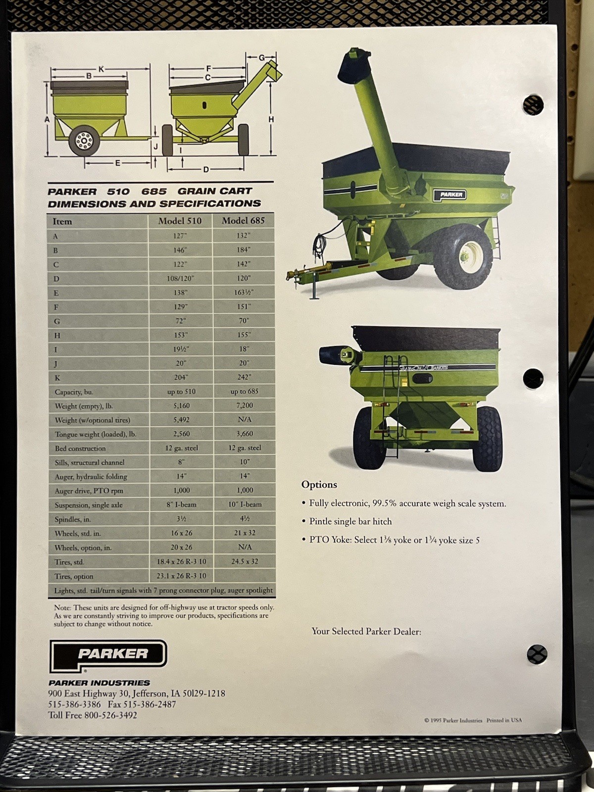 1995 Parker Industries 510 685 Grain Cart Brochure Jefferson IA Grain Chariots