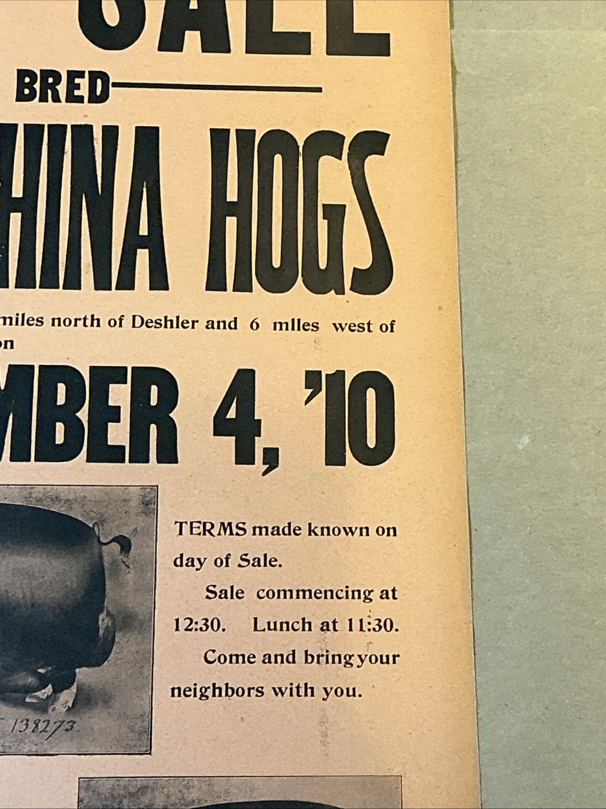 Antique 1910 Original Auction Poster China Hog Public Sale Ohio As Is INV-AC07Y