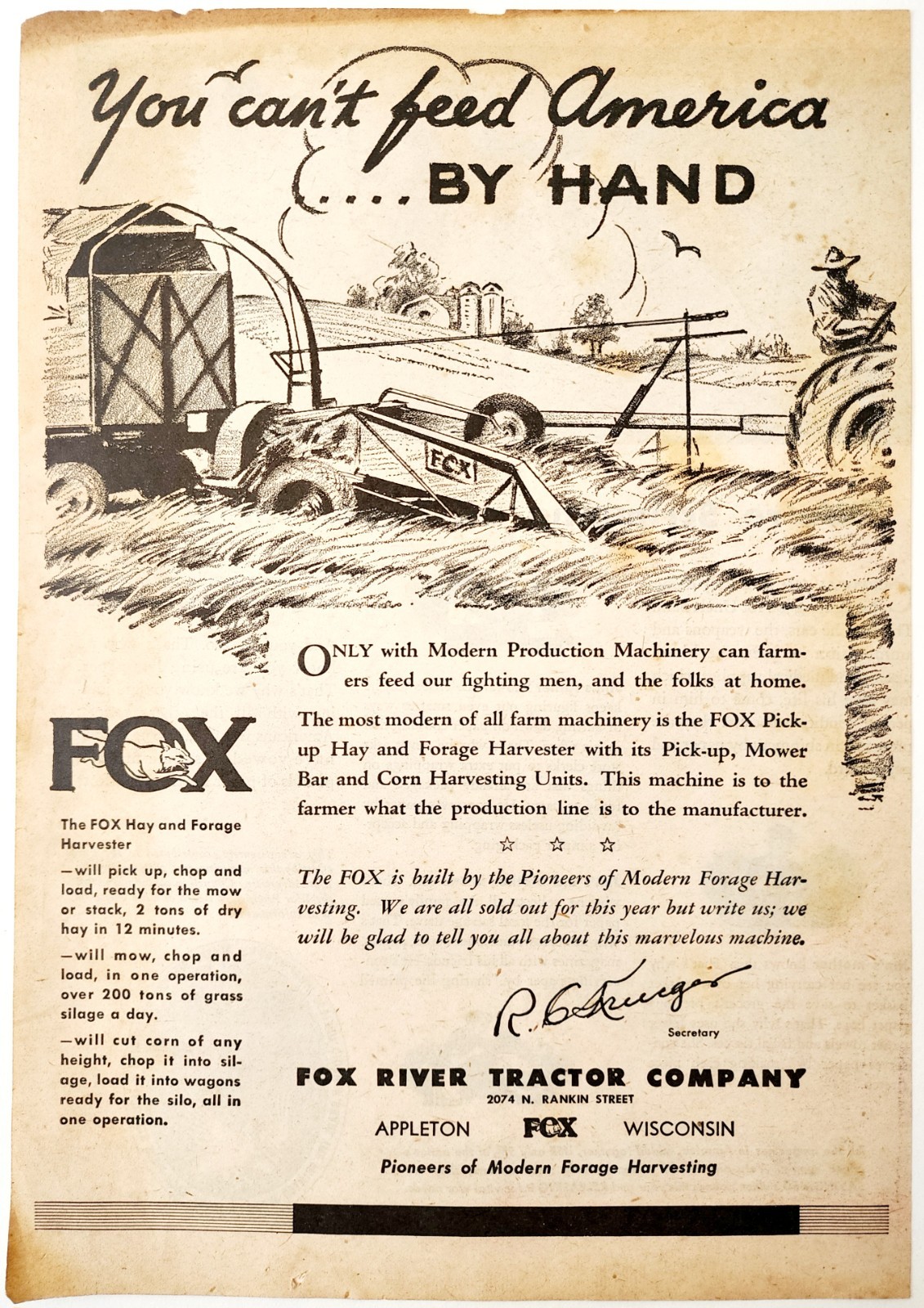 1944 Fox River Tractor Company Advertisement WW2 Era Agriculture Harvester DWP7B