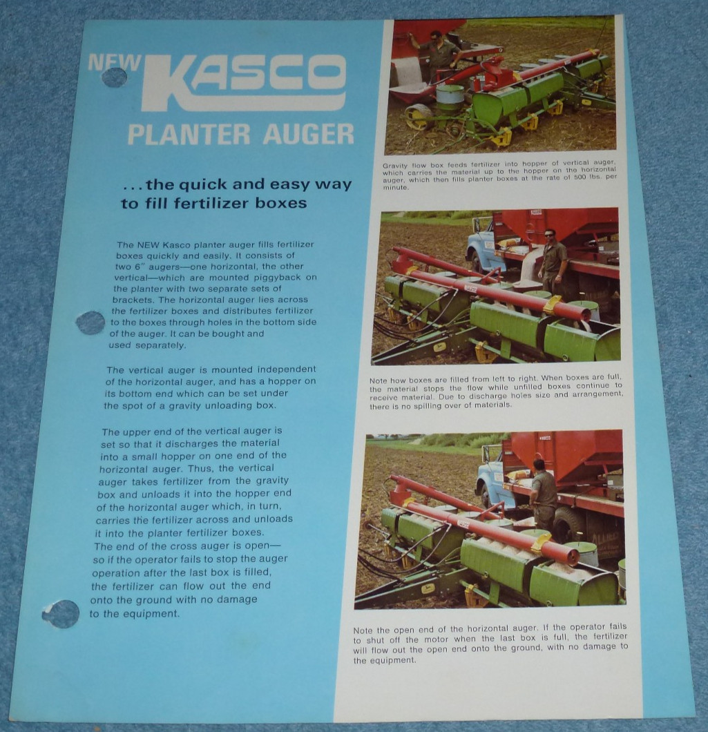 Vintage Kasco Mfg Co Planter Auger Farm Equipment Brochure Sheet Shelbyville IN