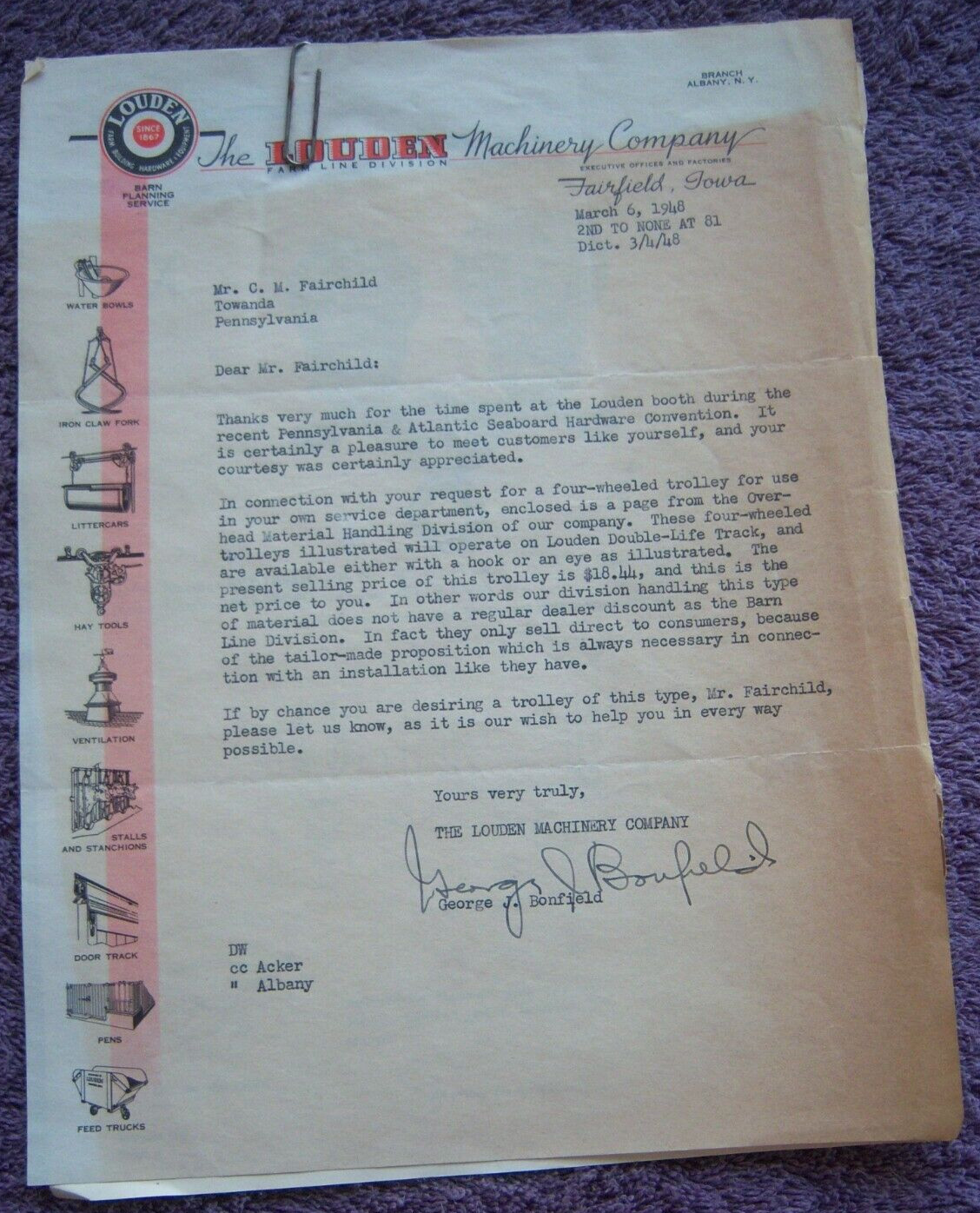 LOUDEN MACHINERY COMPANY BARN EQUIPMENT LETTER EPHEMERA 1948