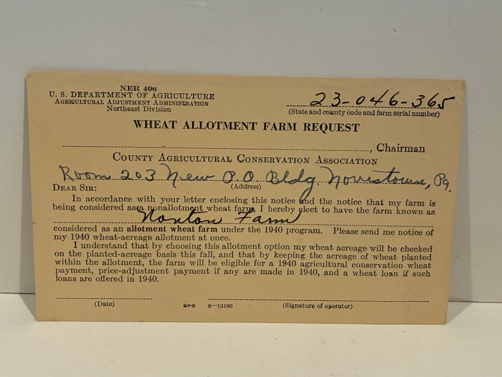Vintage 1940 US Department Of Agriculture WHEAT ALLOTMENT FARM REQUEST Form