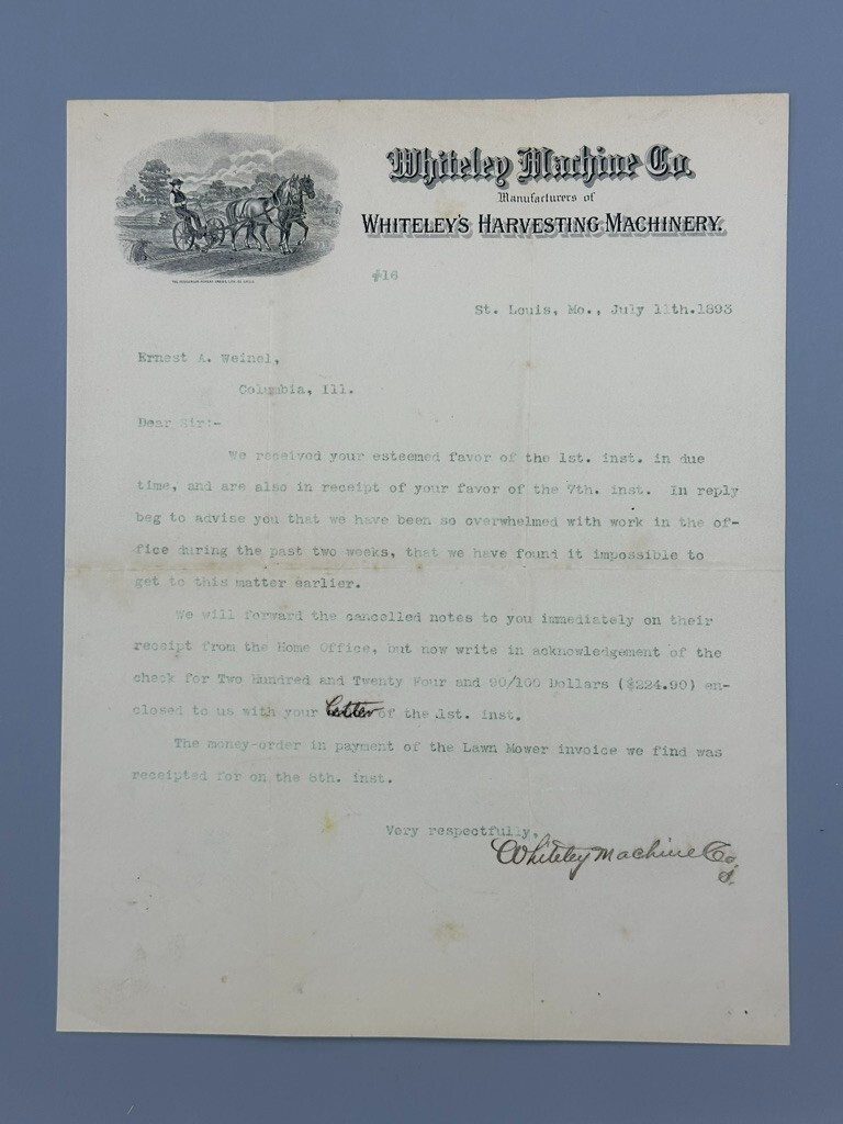 1893 WHITELEY&rsquo;s HARVESTING MACHINERY Illustrated FARM ADVERTISING Letterhead
