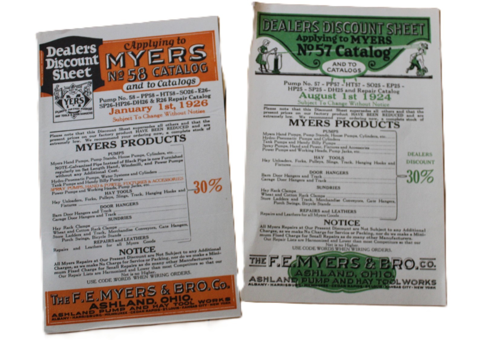 1925-26 Two Equipment Catalogs Myers Pumps Hay Tools & Door Hangers No. 57, 58