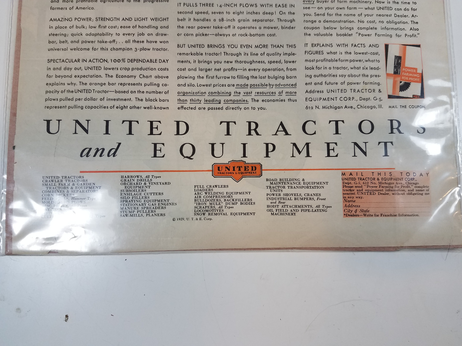 Vintage Advertisement United Tractors and Equipment 1929 Farming Agriculture