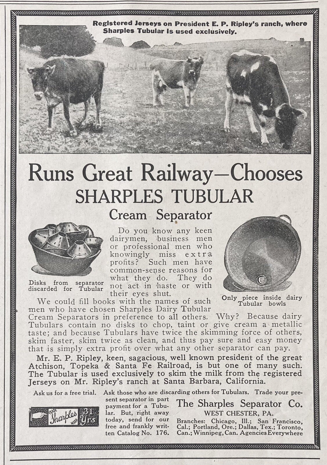 1912 AD.(XH66)~SHARPLES SEPARATOR CO. W. CHESTER, PA. SHARPLES TUBULAR SEPARATOR