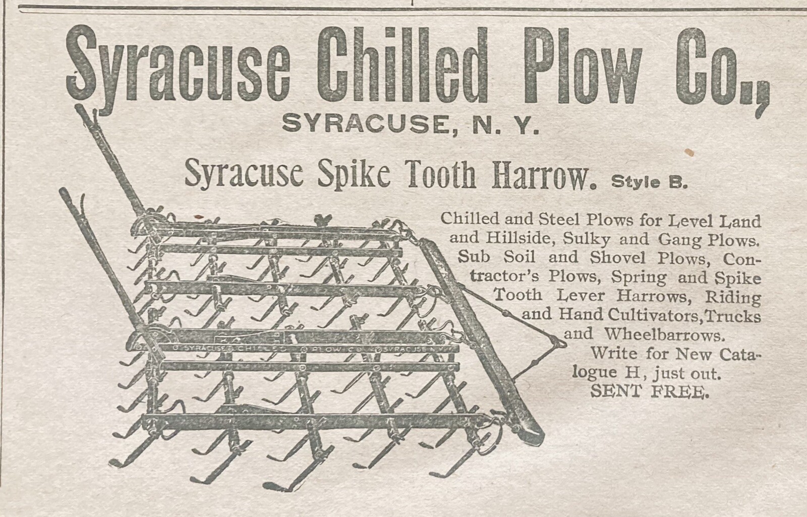 1896 AD.(XH44)~SYRACUSE CHILLED PLOW CO. SYRACUSE, NY. SPIKE TOOTH HARROW~~