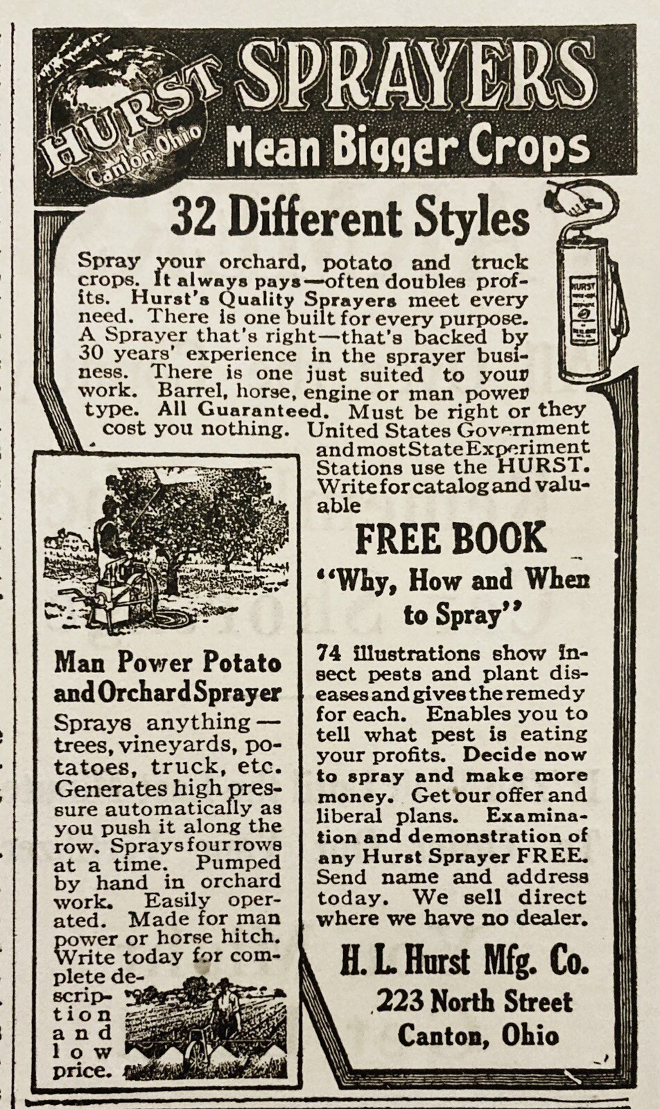 1917 AD.(XH71)~H.L. HURST MFG. CO. NORTH ST. CANTON, OHIO. HURST ORCHARD SPRAYER