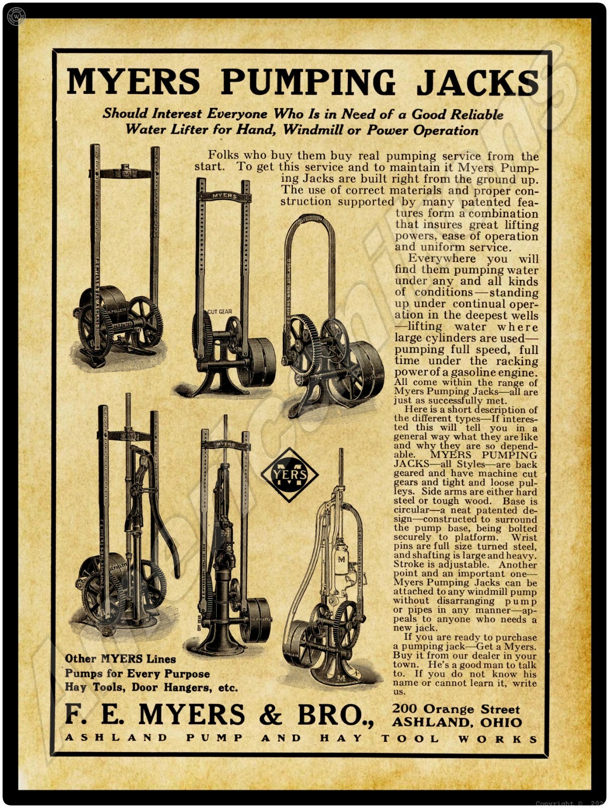 1915 F.E. Myers Pumping Jacks New Metal Sign: Ashland, Ohio – Large Size