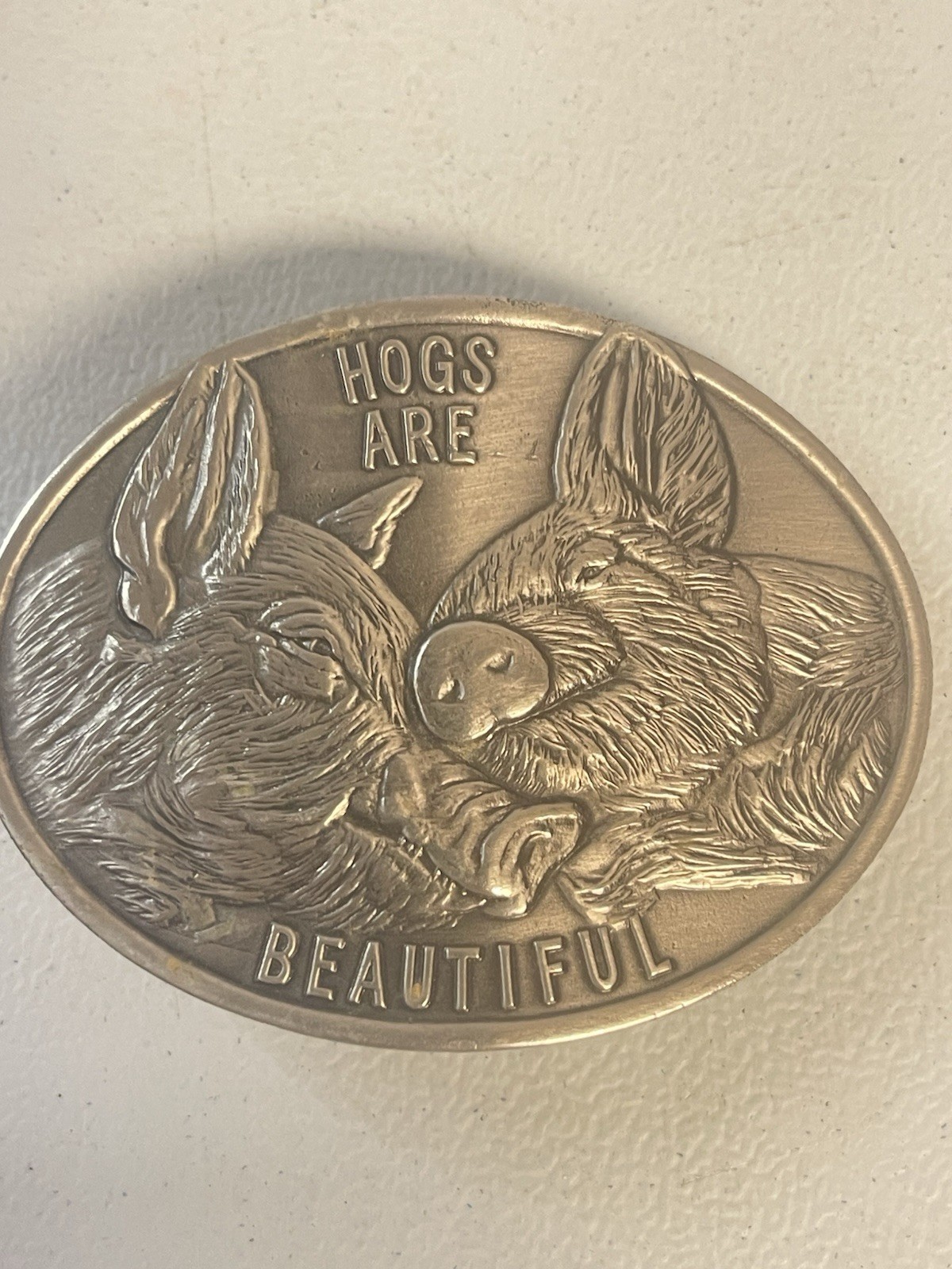National Pork Producers Council Hogs Are Beautiful 1975 Belt Buckle Pigs Vintage
