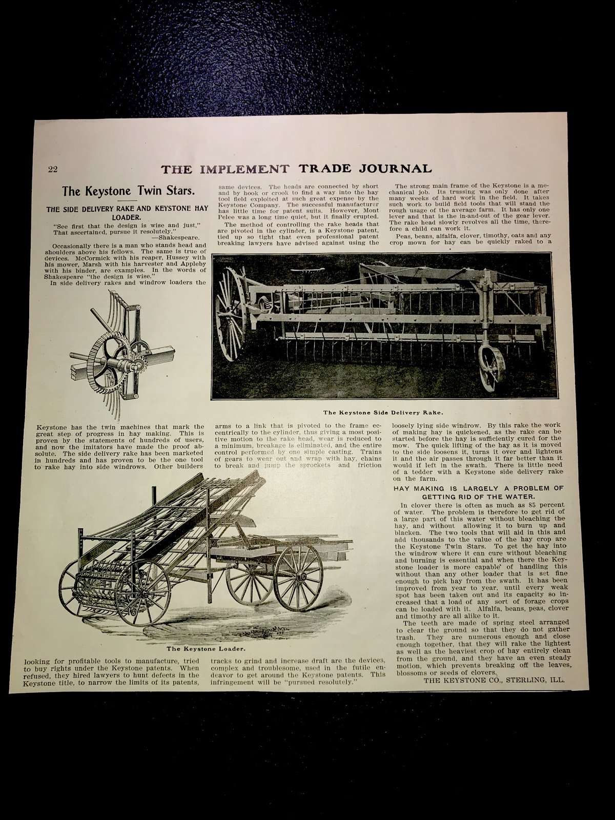 1903 Keystone Farm Implement Advertising – Photo & Article Sterling – Illinois