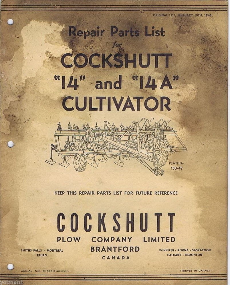 Repair Parts List Cockshutt « 14 » and « 14A » Cultivator; 1950&rsquo;s