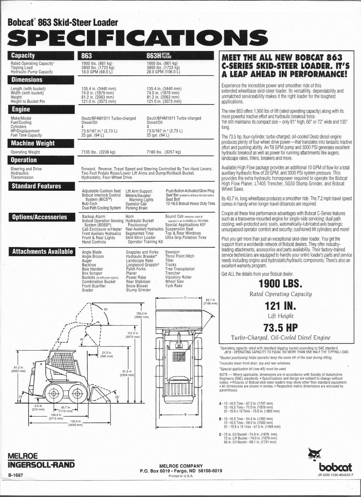 Original OE OEM Bobcat 863 C Series Skid Steer Loader Sales Brochure Spec Sheet