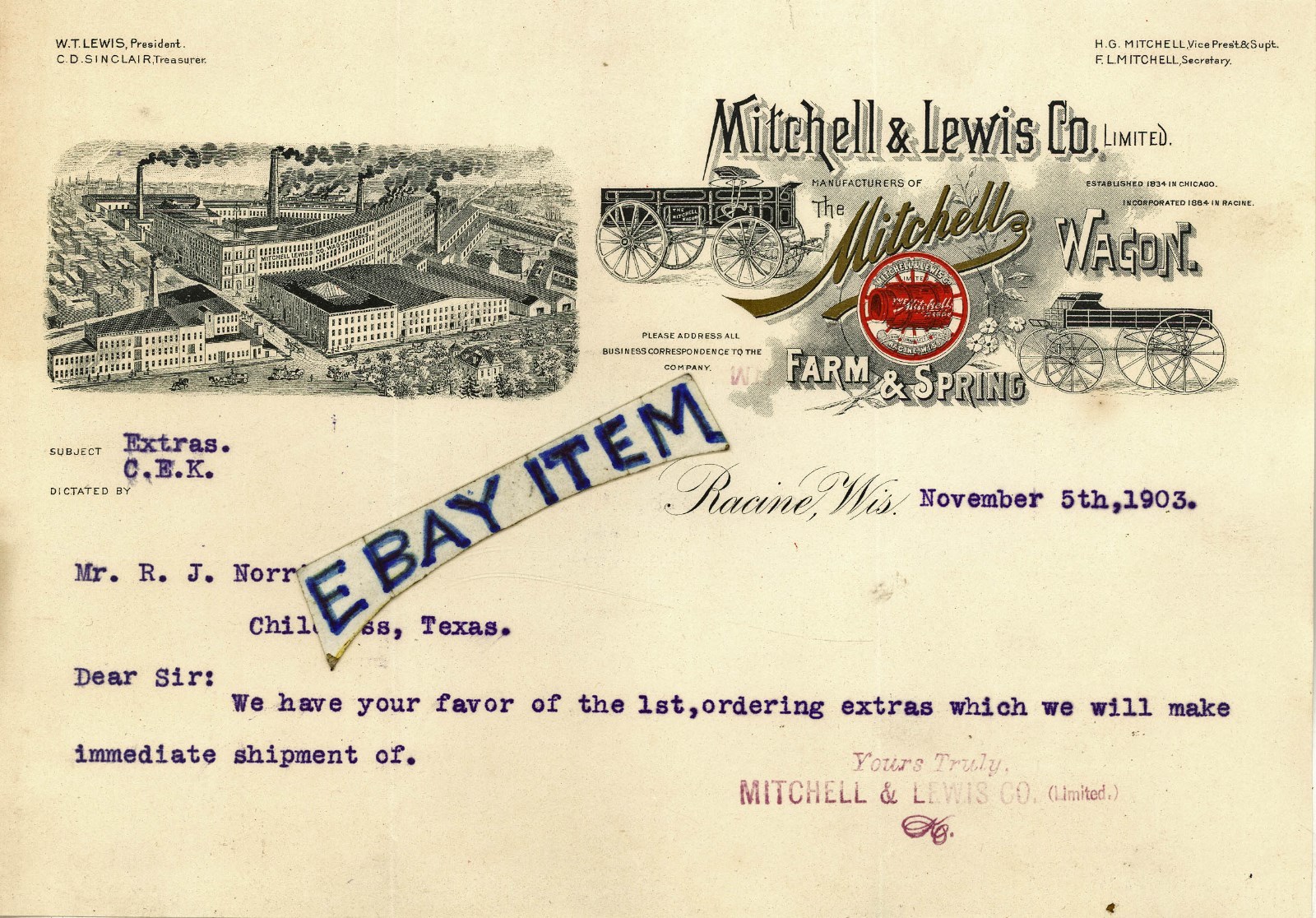 1903 Racine Wisconsin MITCHELL LEWIS WAGON COMPANY farming SINCLAIR Letterhead