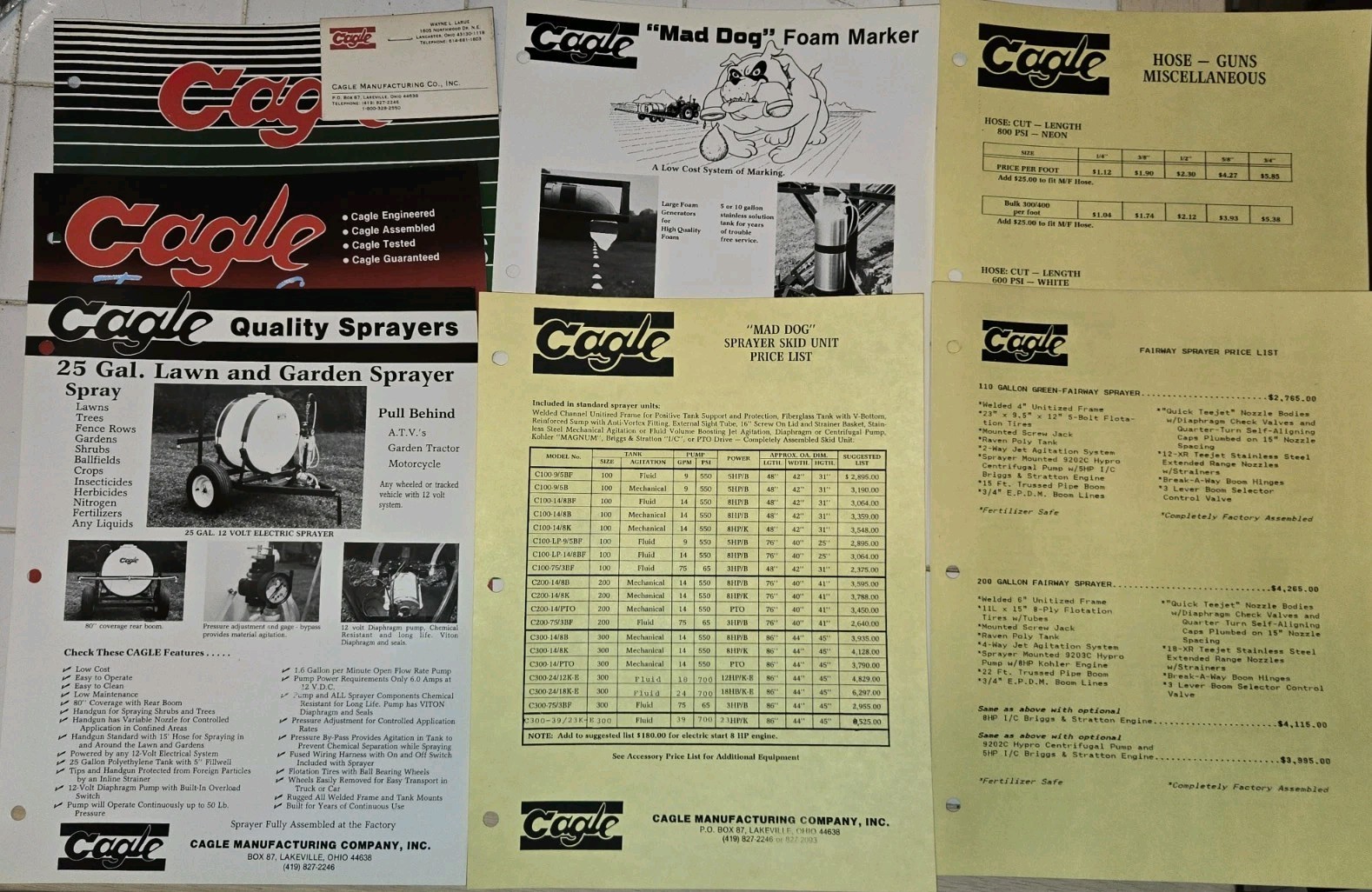 LOT OF CAGLE MANUFACTURING SPRAYERS Brochures AND PRICE LISTS