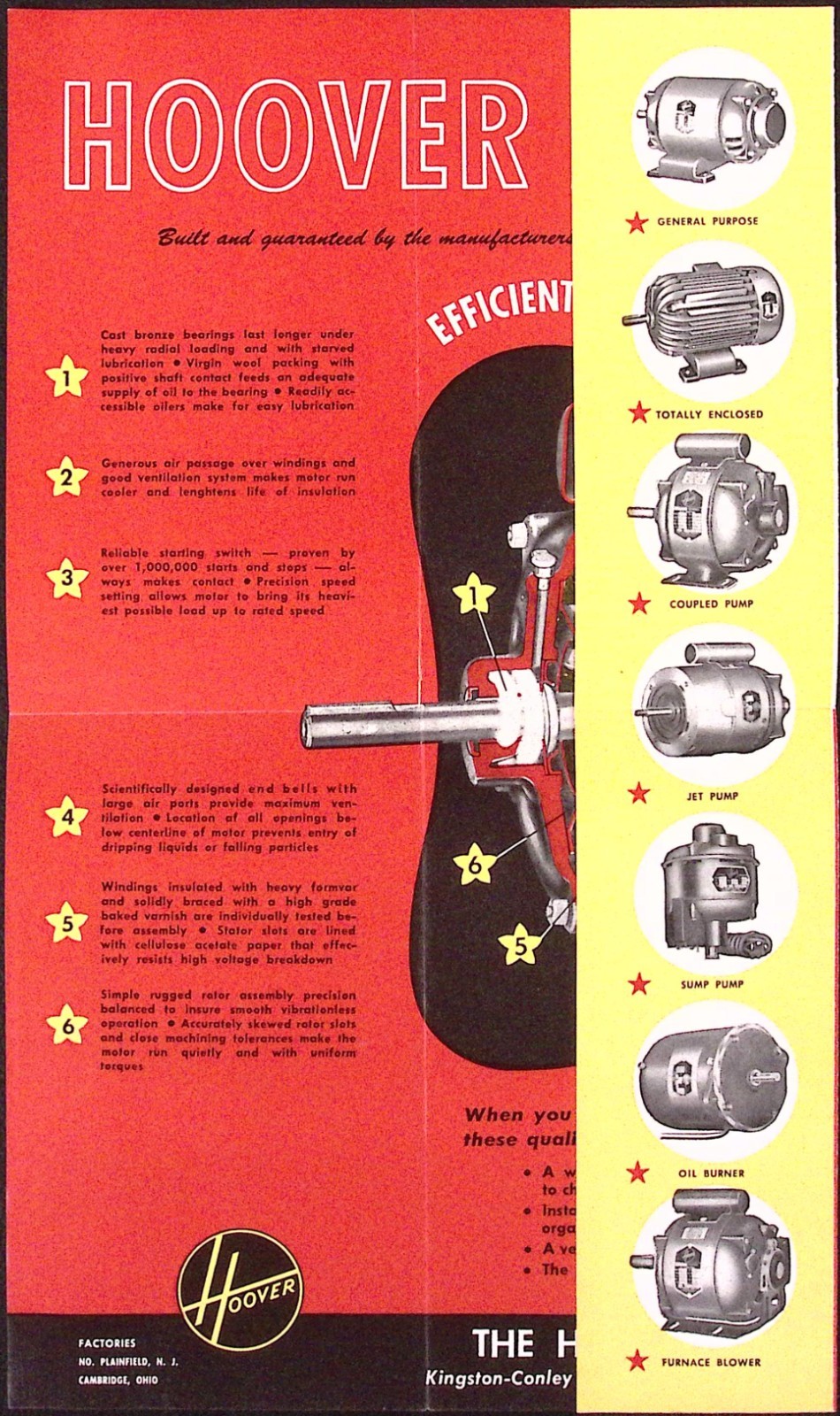 1957 Hoover The Mark of Quality in Motors Brochure North Plainfield NJ