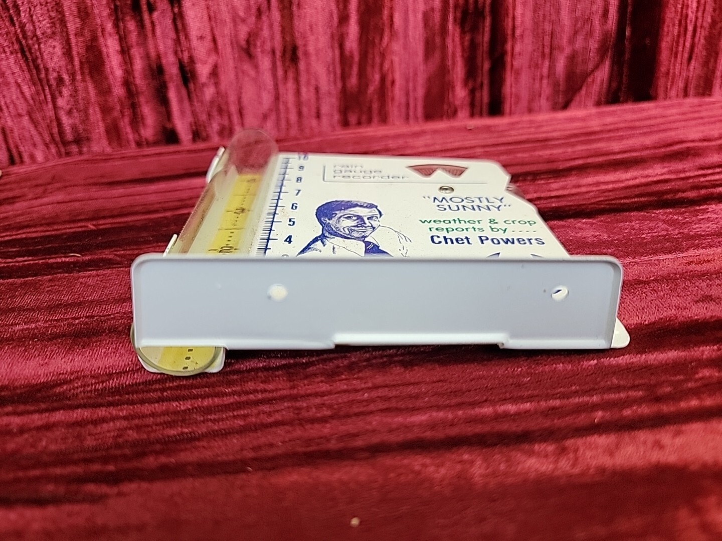 ADVERTISING RAIN GAUGE RECORDER WDIQ CHANNEL 4 CHET POWERS NEWS SUNNY WEATHER
