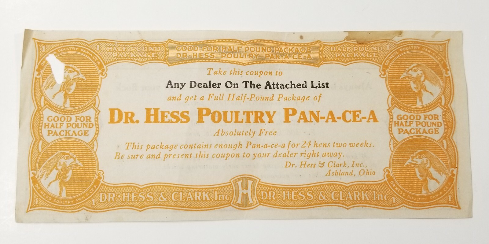 Dr Hess Clark Pan-A-Ce-A Ashland OH Coupon Advert Hen Poultry Farm Homestead E2G