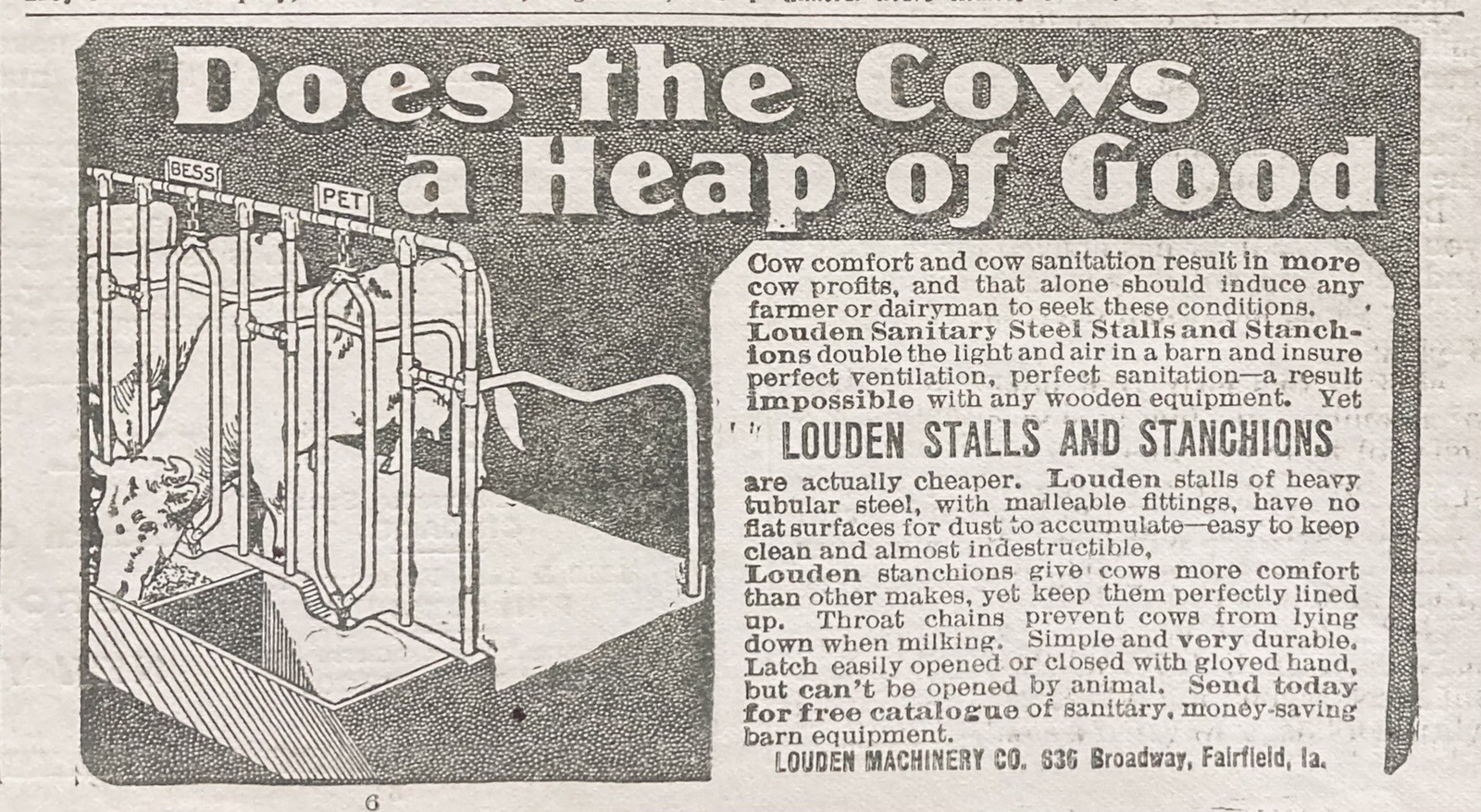 1909 AD.(XH10)~LOUDEN MACHINERY CO. FAIRFIELD, LA. LOUDEN STALLS AND STANCHIONS