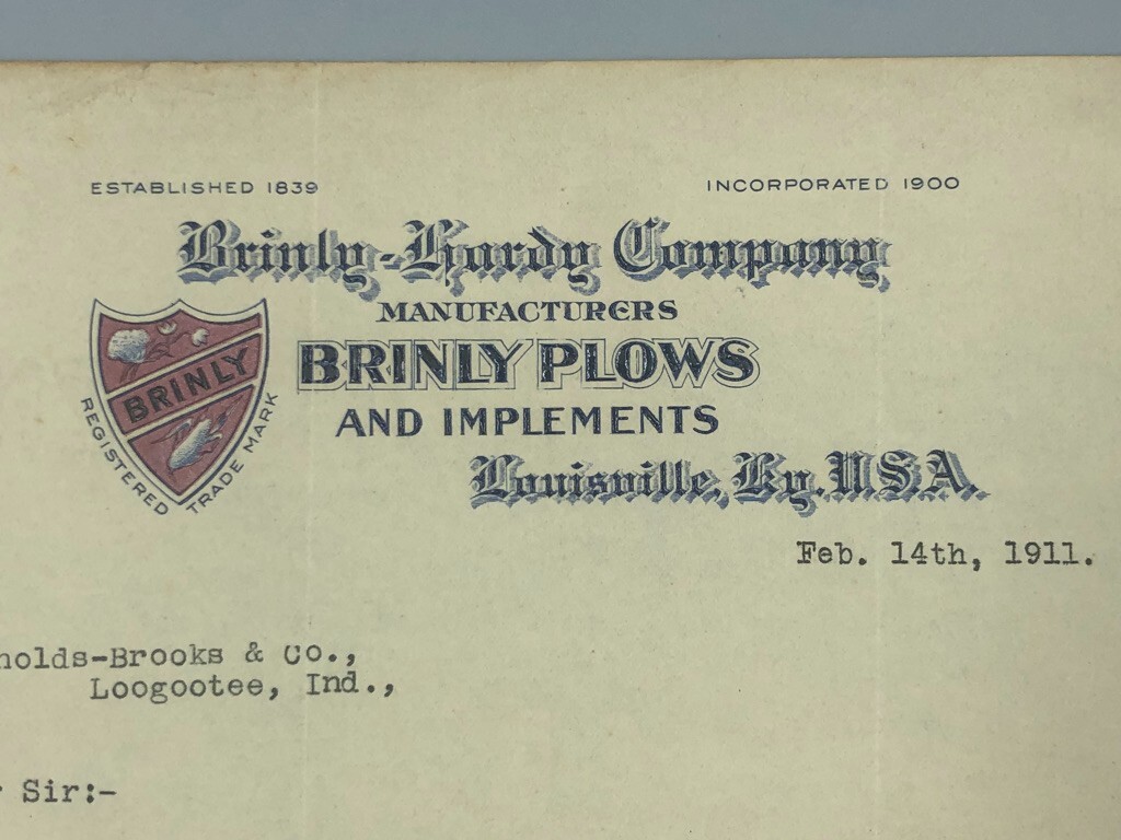 1906-1911 BRINLY HARDY PLOWS Letterhead Antique FARM Advertising LOUISVILLE KY