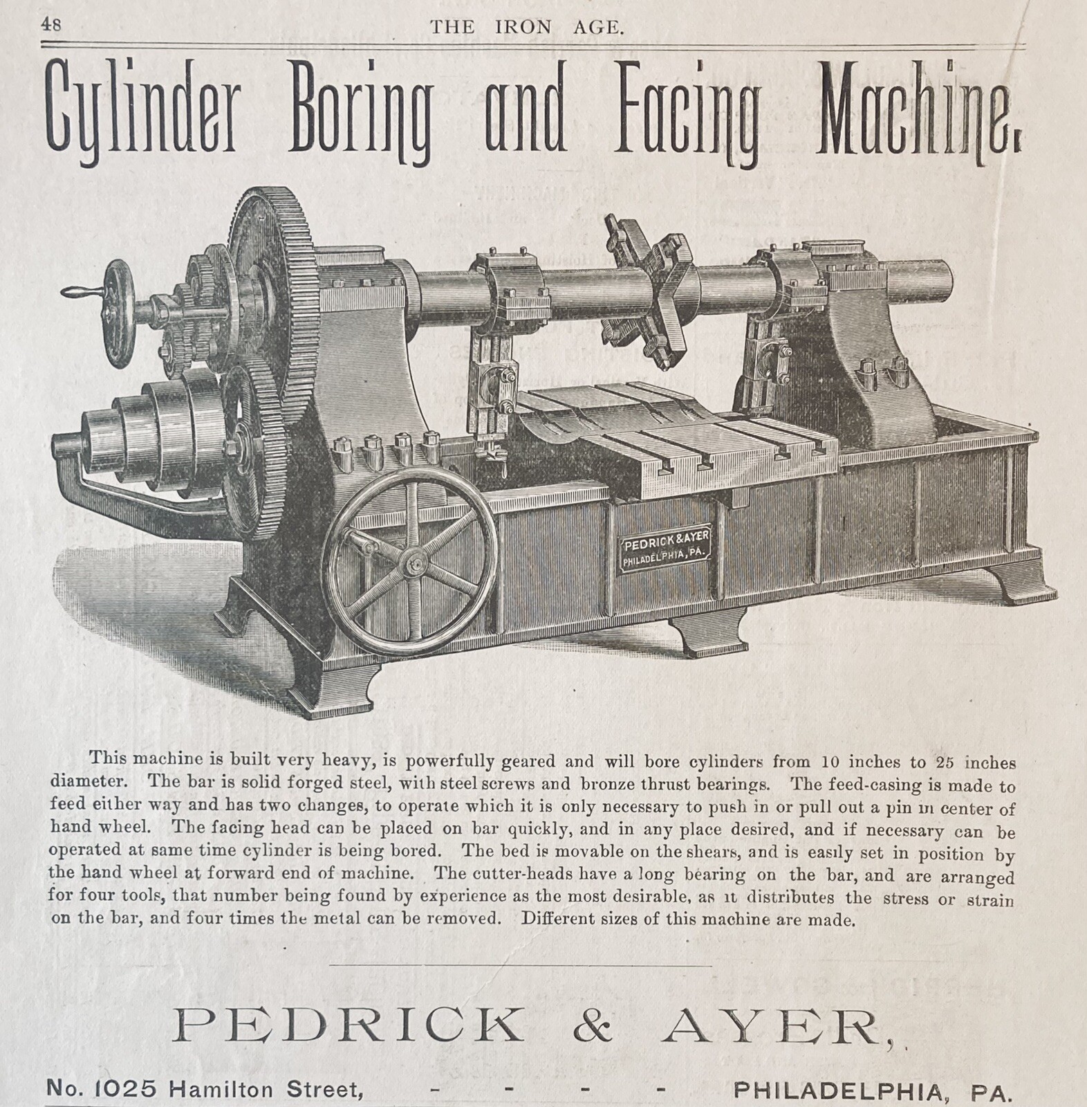 1888 AD(XH7)~PEDRICK & AYER CO. PHIL., PA. CYLINDER BORING AND FACING MACHINE