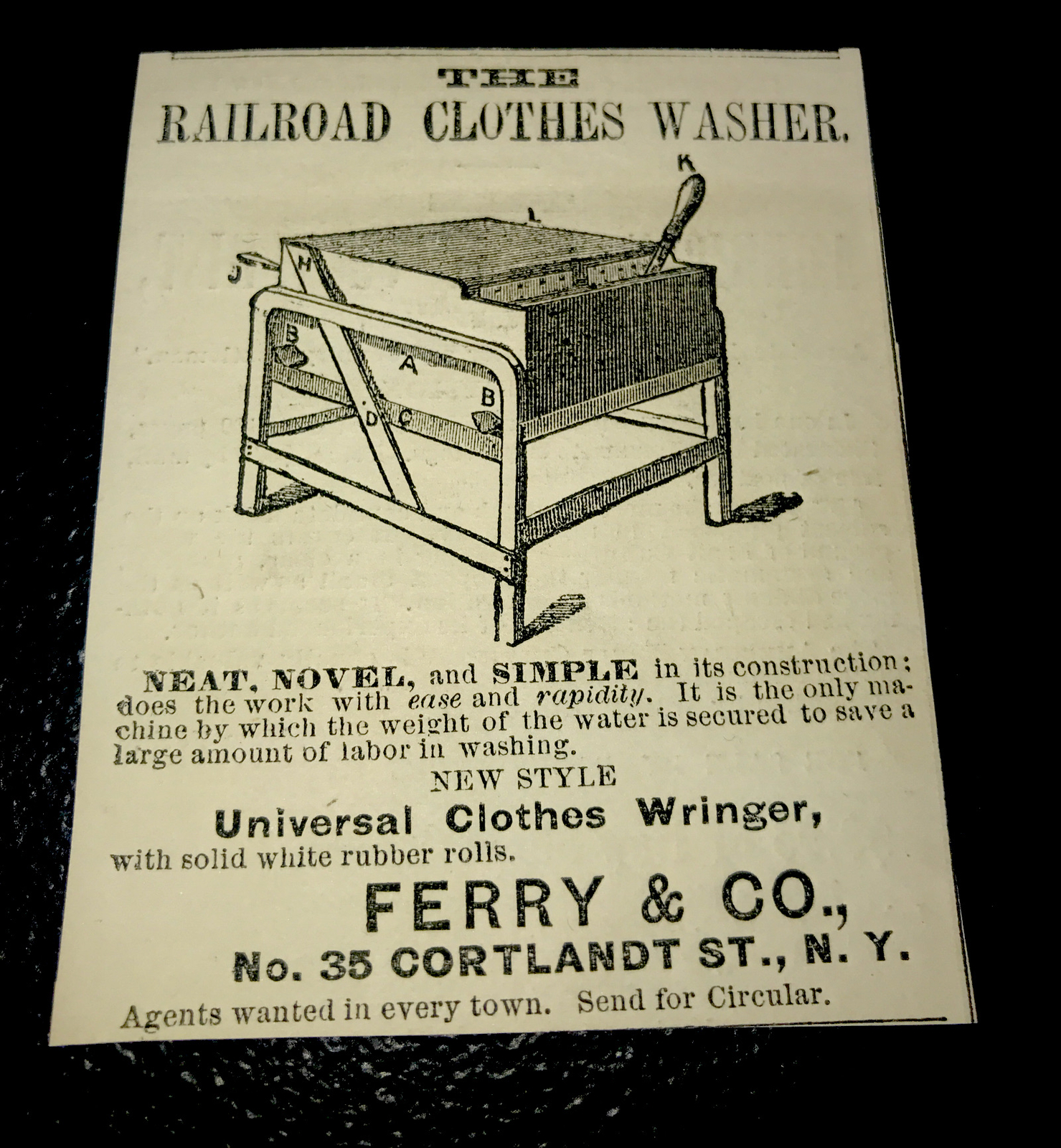1870 Railroad Clothes Washer Advertising – New York
